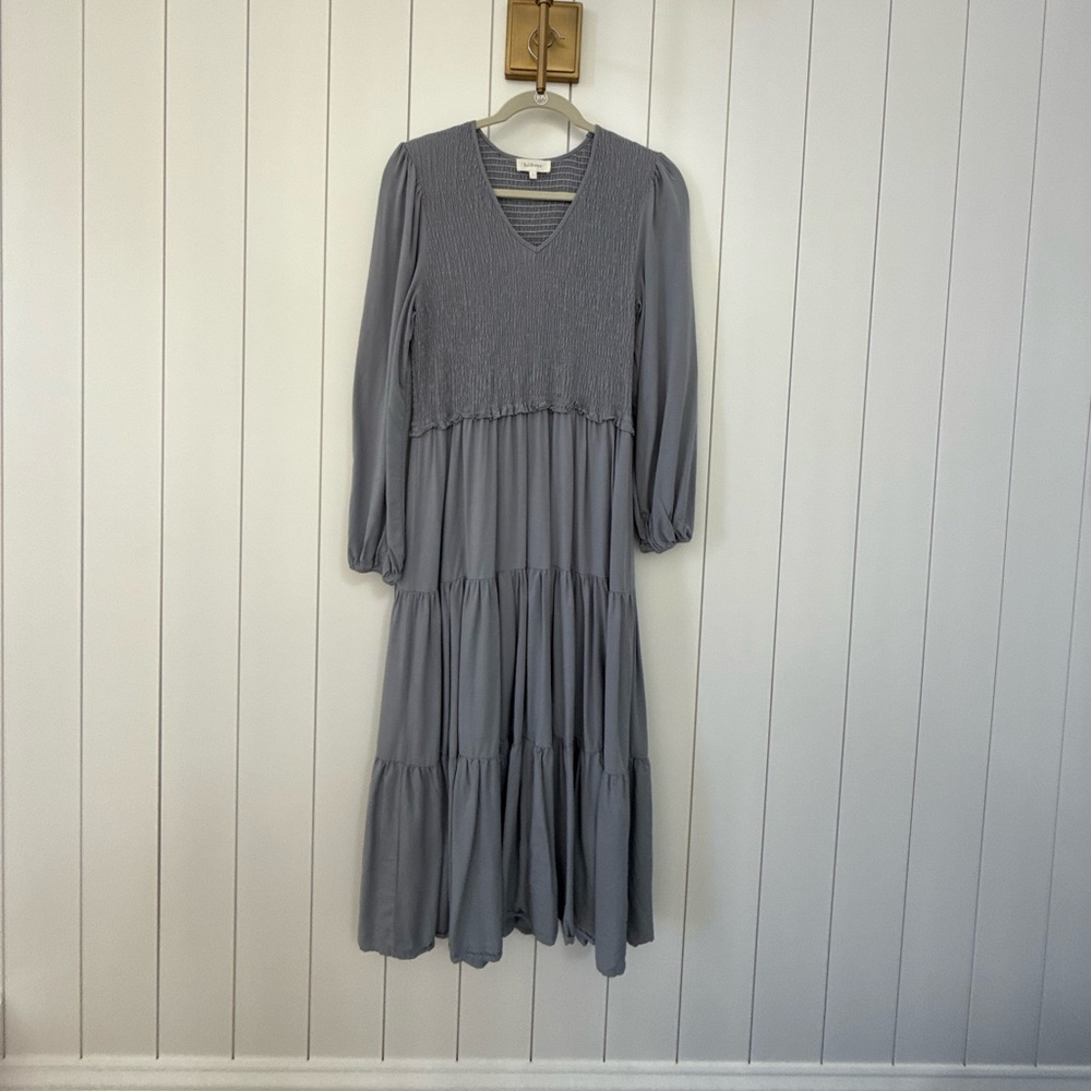 Bohme, Tiered Midi Dress with smocked botice, Size large.